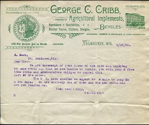 MILWAUKEE, WI ~ GEORGE C. CRIBB, Agric. implements &c. ~ ILLUS. LETTERHEAD 1892 - Picture 1 of 1