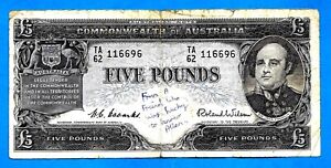 Australia P31 COMMONWEALTH £5 FRANKLIN Coombs/Wilson Type# 6 Ist Prefix# TA 1954
