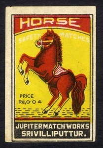 Red HORSE Matchbox Label INDIA Jupiter Match Works Srivilliputtur - Picture 1 of 2