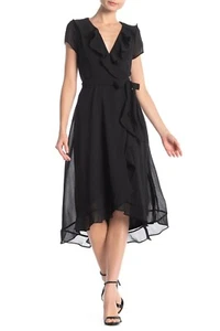 Gabby Skye Black Dress Cap Sleeve Tie Waist Faux Wrap Above Knee SZ 10 NWT - Picture 1 of 5