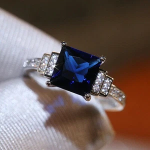 3 Karat Blau Princess Hochzeit Ring Damen Ehering Verlobungsring Weißgold-Finish - Bild 1 von 11