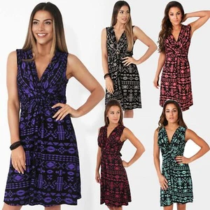 Mujer V Cuello Mini Vestido Tallas Pequeñas Falda Corta Tribal Estampado Frontal Nudo Fiesta - Imagen 1 de 25