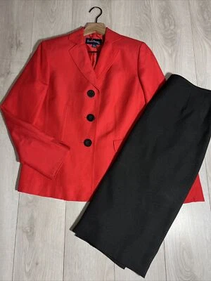 Conjunto de traje chaqueta de bolsillo y falda negra Evan Picone rojo rosa mezcla de lino talla 6 Foto 1 de 4