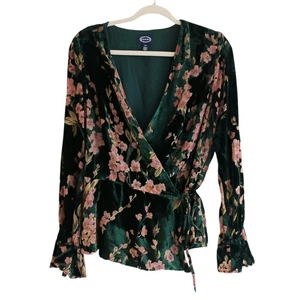 Top envolvente Scoop Velvet Burnout para mujer grande verde flor de cerezo manga campana - Imagen 1 de 5