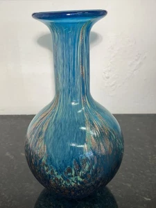 Vintage irisierende blaue Kunstglas Vase mundgeblasen Studiostück 24 cm ausgestellter Rand - Bild 1 von 15