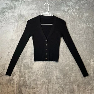 Brunello Cucinelli Cashmere Silk Ribbed Button Cropped Cardigan Medium Black - Picture 1 of 7