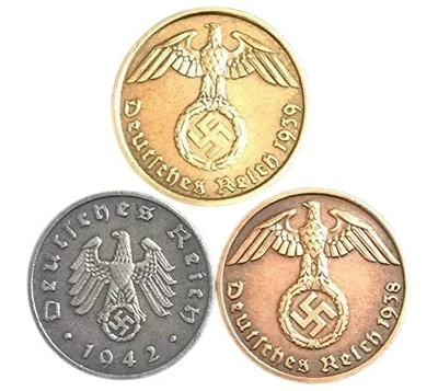 Juego de monedas Alemania Segunda Guerra Mundial 1 Rp Zinc, 1 Rp Bronce y 5 Rp Monedas (1936-44) Auténticas Foto 1 de 2