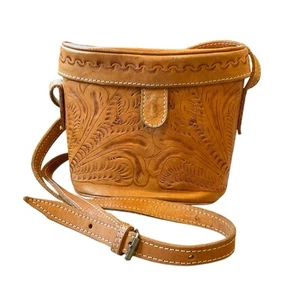 Vintage 70s Tooled Leather Binocular Bag Crossbody Purse Western Boho Hippy - Picture 1 of 15