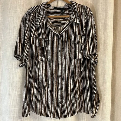 Maggie Barnes Women’s Tunic Size 4X Button Up Roll Tab Brown Stripe Casual Comfy - Image 1 of 4
