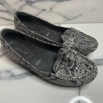 Rockport Women's Black Cream Leather Snakeskin Driving Loafers Sz 7 Comfort - Image 1 of 4