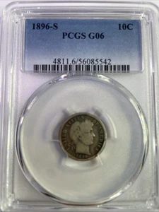 1896 S PCGS G6 - Silver Barber Dime 10c US Coin - Picture 1 of 4
