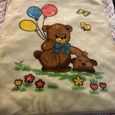 Manta bebé felpa vintage oso de peluche globos cachorro perro mariposa multicolor Foto 1 de 4
