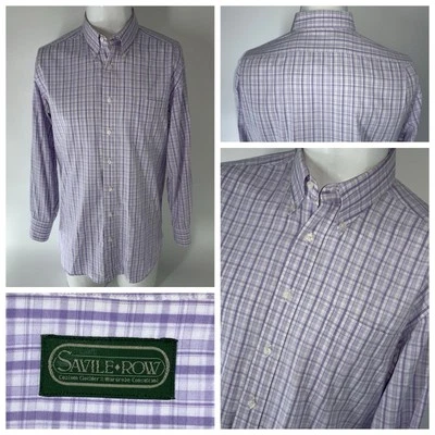 Savile Row Bespoke Dress Shirt Men 16 32 Purple White Plaid Cotton USA YGI Q5-92 - Image 1 of 4