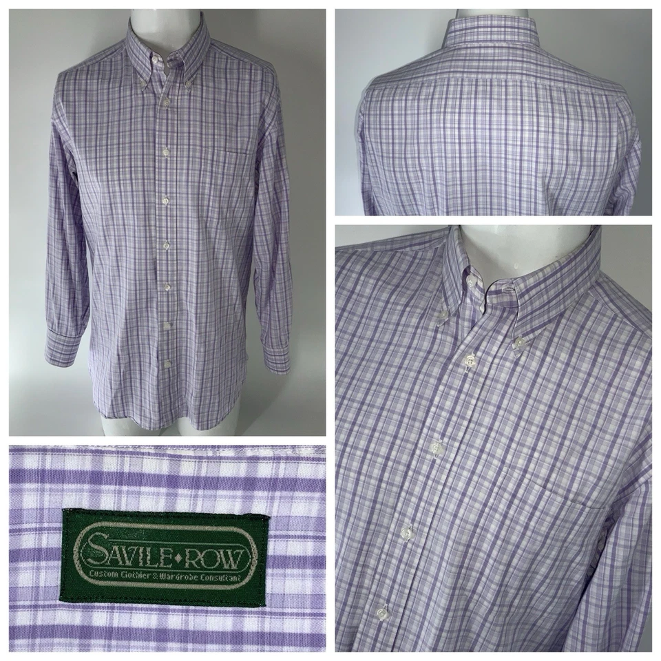 Savile Row Bespoke Dress Shirt Men 16 32 Purple White Plaid Cotton USA YGI Q5-92 - Image 1 of 4