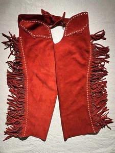 Frangia vintage scamosciata pelle rossa western cowboy chaps impreziosita cerniera LG - Foto 1 di 16