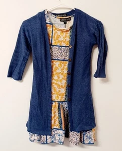 Trixxi Girl Girls Dress Medium Yellow Blue Dress Cardigan Small - Picture 1 of 4