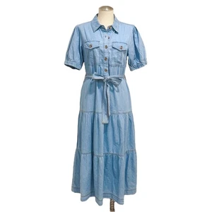 Ophelia Roe Women's Light Blue Chambray Tie-Waist Denim Tiered Midi Dress Size M - Picture 1 of 7