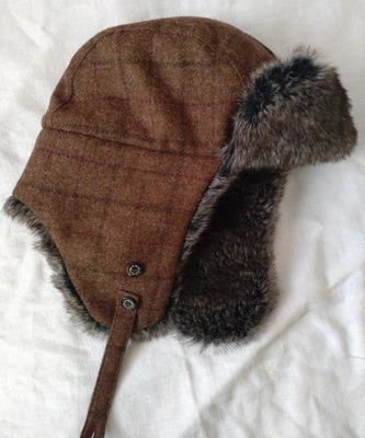 Barbour Trapper Hat Brown Check Soft Wool - Fleece Lined - Winter Hat - L XL - Image 1 of 4