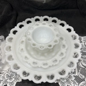 Lot Of 3 Anchor Hocking Milk Glass 1 Round Platter 1 Salad Plate & 1 Footed Bowl - Picture 1 of 8