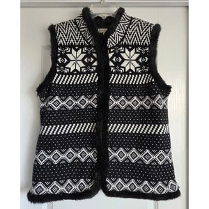 Christopher & Banks Black White Fair Isle Faux Fur Trim Lined Knit Vest Sz XL - Picture 1 of 6