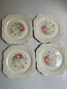 Vintage HOMER LAUGHLIN Plate SALAD 4 Set THEME EGGSHELL Floral Emboss SQUARE 8" - Picture 1 of 7