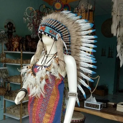 Tocado indio pluma Warbonnet blanco azul mediano pequeño sombrero de fiesta de carnaval Foto 1 de 4