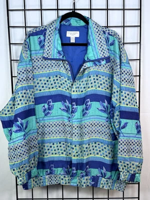 Chaqueta Bomber Casual Corner De Colección 100% SEDA Floral Estampada Geométrica Para Mujer 2X Foto 1 de 4