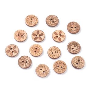 100 Stück Sattelbraun 2-Loch Flach Rund Holzknöpfe Gemischtes Muster 17,5~18x3 mm - Bild 1 von 4