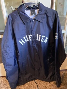 Huf USA Worldwide Windbreaker Jacket Logo Lightweight Snap Navy Blue Mens - XL - Picture 1 of 6