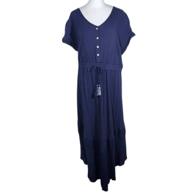 Style & Co. Navy Boho Maxi Dress with Eyelet Lace Accents and Tassel Size Large - Image 1 of 4