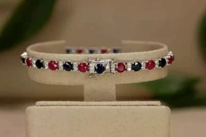 8 Ct Round Simulated Pink Ruby & Sapphire Tennis Bracelet 14K White Gold Plated - Picture 1 of 10