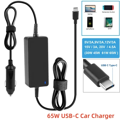 65W USB-C Vehicle Car Charger For Laptop Tablets Phones Dell XPS 13 12 Lenovo HP - Image 1 of 4