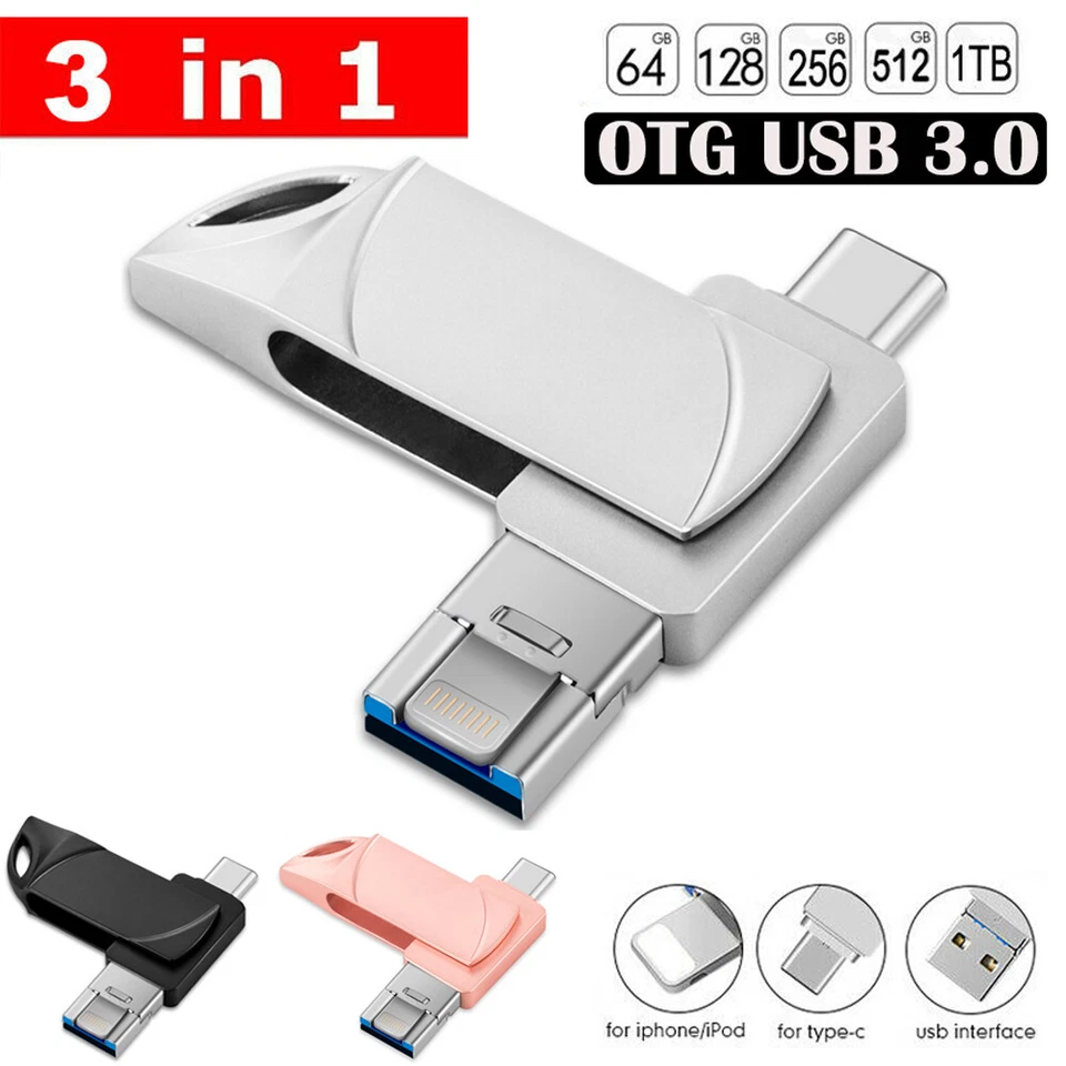 2TB USB Flash Drive U Disk 3 in 1 Storage Memory Stick Type C For iPhone iPad PC