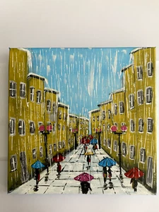 Hand Painted Acrylic Painting Stretched Canvas Wall Art Decor 12"x12"x0.6" Rain - Picture 1 of 3