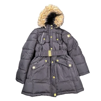Rocawear Puffer Coat Women’s Medium Black Long Stretch Belt Removable Fur Hood - Image 1 of 4