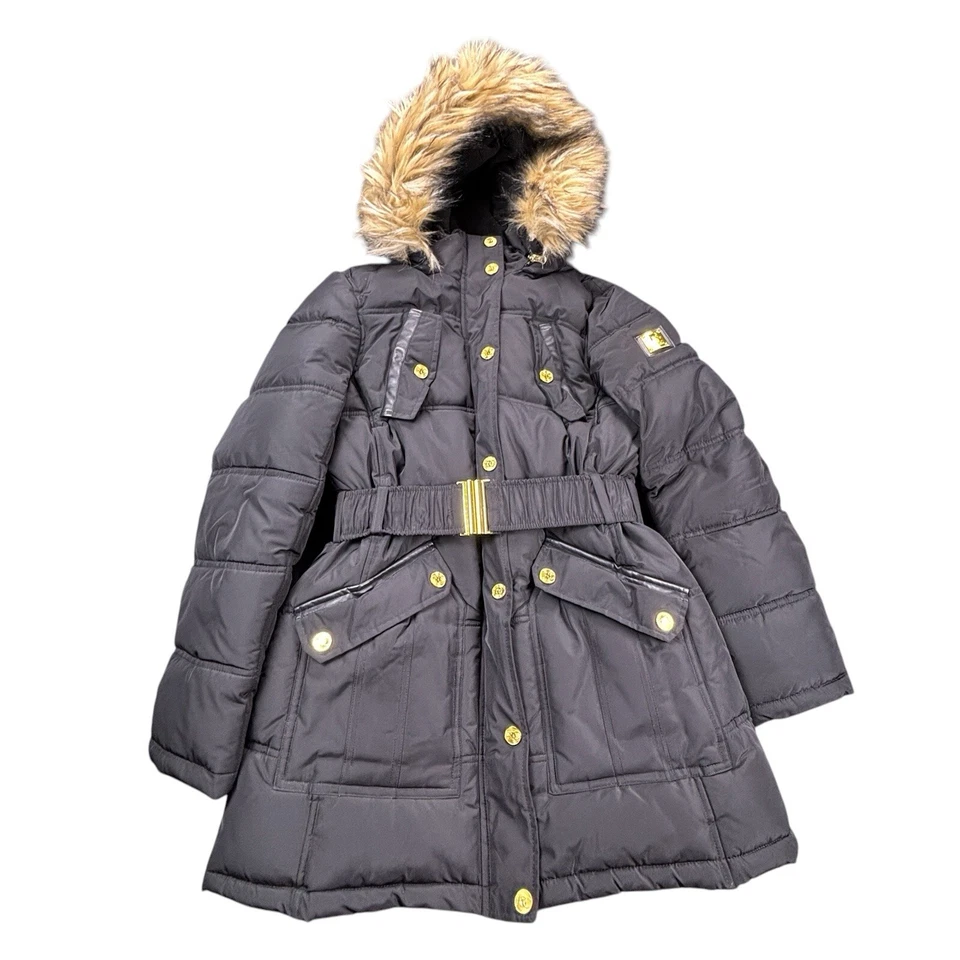 Rocawear Puffer Coat Women’s Medium Black Long Stretch Belt Removable Fur Hood - Image 1 of 4
