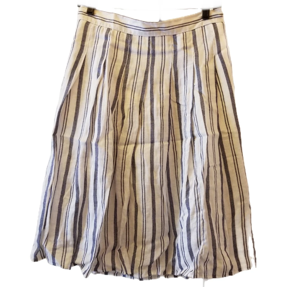 Lands End Linen Skirt Knee Stripe White Blue Lined Women Size Petite 6 Vacation  - Image 1 of 4