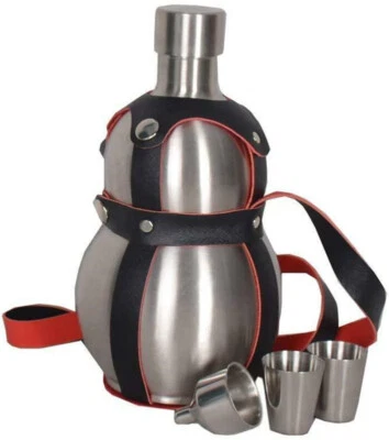 64Oz Stainless gourd Wine Flask Bottle Flagon Kettle Outdoor leather Black Strap - Image 1 of 4