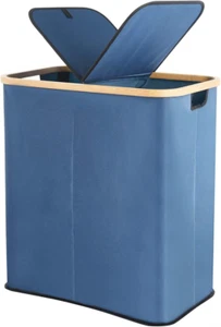 Divided Folding Bamboo & Canvas Laundry Hamper- Double Large Laundry Basket with - Picture 1 of 8