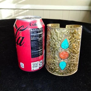 Iris Apfel & Bajalia Brass Turquoise & Coral Inlay HUGE Statement Cuff Bracelet - Picture 1 of 18