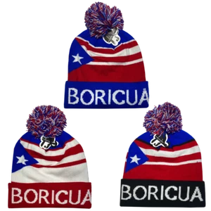 BORICUA FLAG Pompom Plush Lining Knit cap Beanie Knitted Warm Ski Winter Hat Lot - Picture 1 of 10