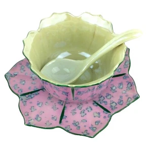 Flower Shape Pink Blue Green Chikusa Goldcastle Hand Painted Trifle Bowl & Spoon - Picture 1 of 13