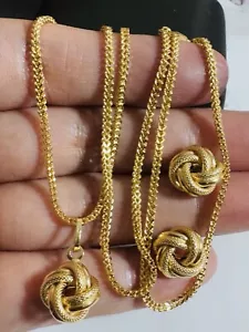 18K 750 Real UAE Gold 17.5”/18” long Set Love Knot Earring Necklace 2.5mm 6.74g - Picture 1 of 22