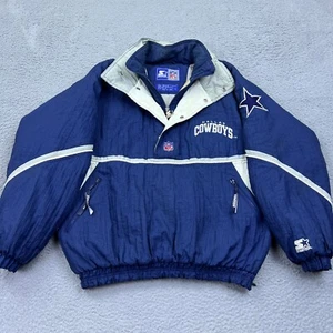VTG Starter Jacket Mens L NFL Dallas Cowboys 1/2 Zip Pullover Stow Hood 90s READ - Picture 1 of 21