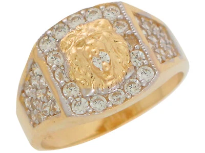 10k or 14k Two-Tone Gold Elegant White CZ Cluster Accented Mens Lion Head Ring - Image 1 of 4