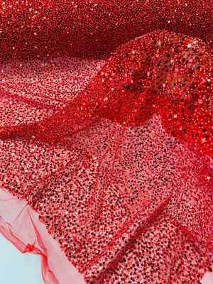 Beaded Sequins Pearl Fabric - Red - Embroidered Pearl Sequins Fabric By Yard - Image 1 of 4
