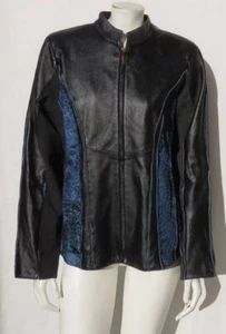 KOOS Of Course! Black Blue Gray Animal Print Tweed Soft Leather Jacket size L - Picture 1 of 7