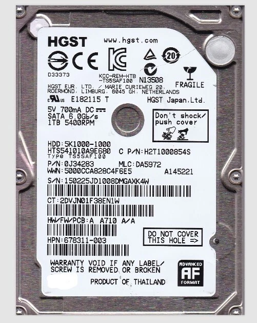 HTS541010A9E680 pn: 0J34283 mlc: DA5972 Thailand 2014 1TB 2.5" SATA Genuine HGST - Image 1 of 1