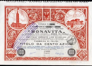 Certificato azionario Società Bonavita (Forlì), titolo da 100 azioni - 1963 - Imagen 1 de 3
