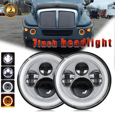 一对适合 Kenworth T2000 半卡车 7 英寸圆形 LED 车头灯 高/低光环 DRL — 第 1/4 张图片